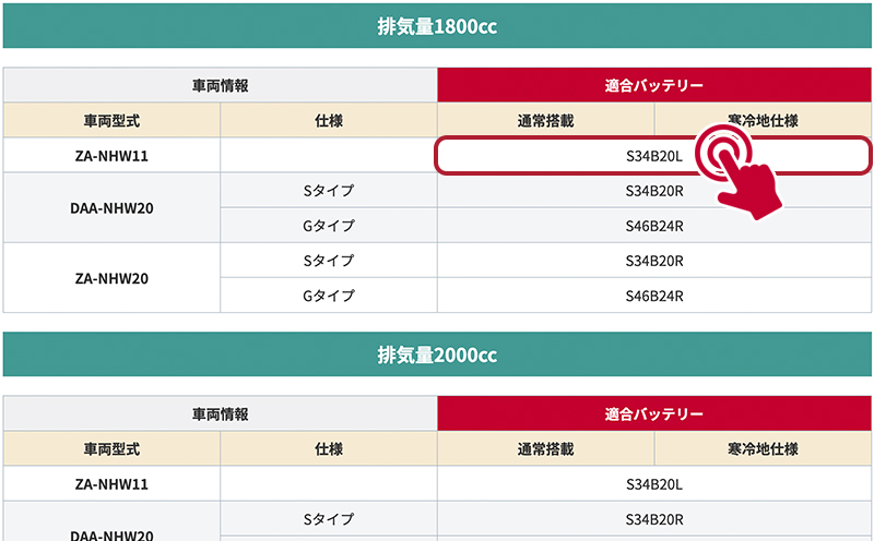 適合バッテリーを確定